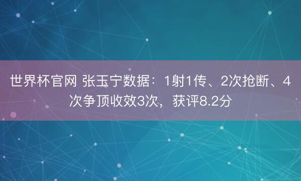 世界杯官网 张玉宁数据：1射1传、2次抢断、4次争顶收效3次，获评8.2分
